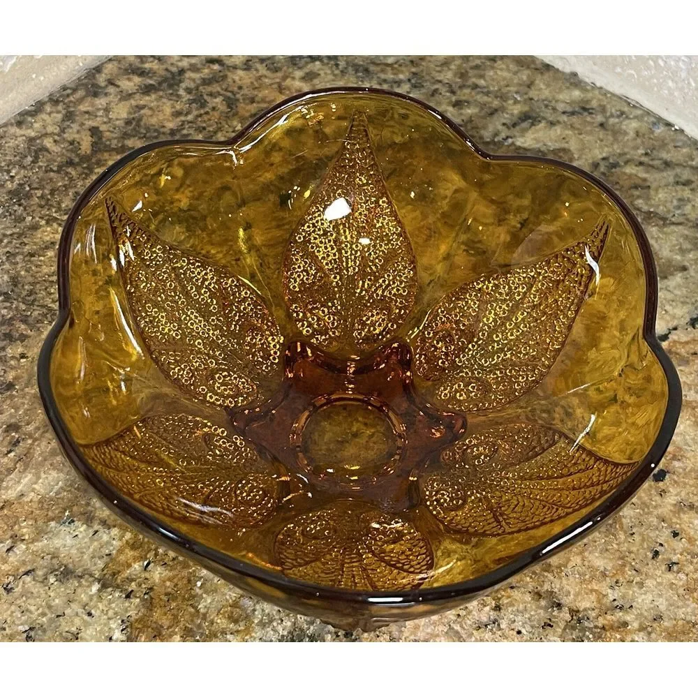 Anchor Hocking Dish Bowl 6.5x3 Inch Amber Glass Renaissance Flower Bloom Pattern